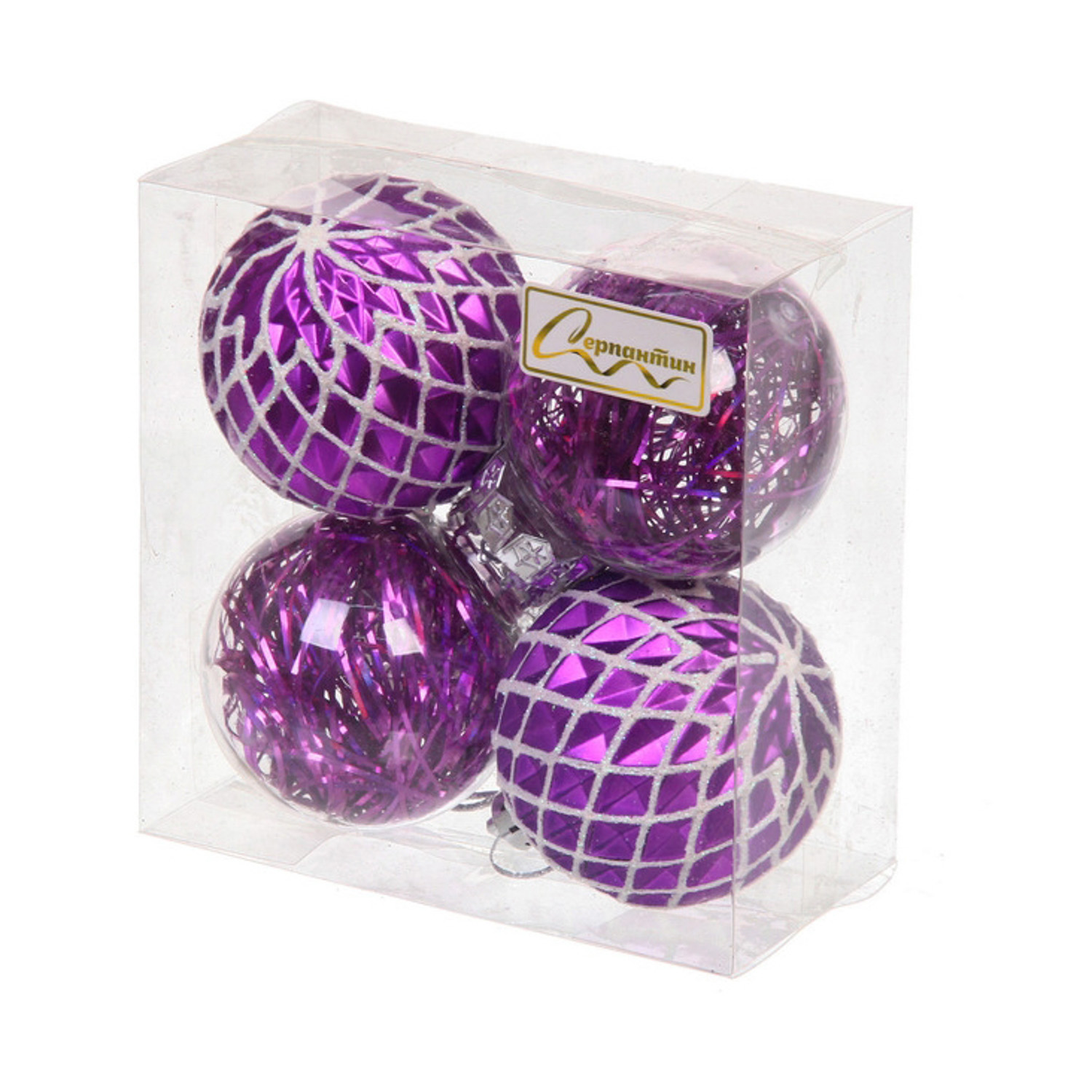 Новогодние шары 6 см (набор 4 шт) "Яркая метель", фиолетовый/белый Новогодние шары 6 см (набор 4 шт) "Яркая метель", фиолетовый/белый