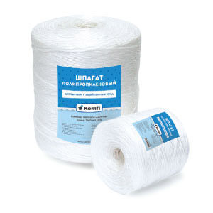 Шпагат полипропиленовый 625м сеч.2мм,пл.1600тх белый намотка "цилиндр" "Komfi" HRР625T"А.Д.М." *1/4