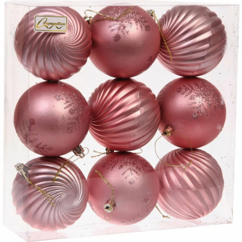 Новогодние шары "Изящные узоры" 8 см (набор 9 шт), Розовое золото