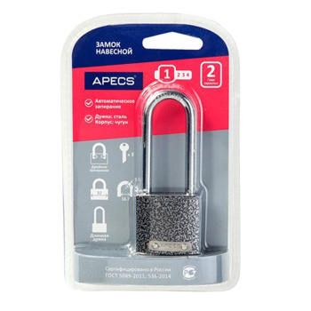 Замок навесной Апекс PD-01-32-L 32 мм (МВС-123) длинная дужка блистер *1/12/36